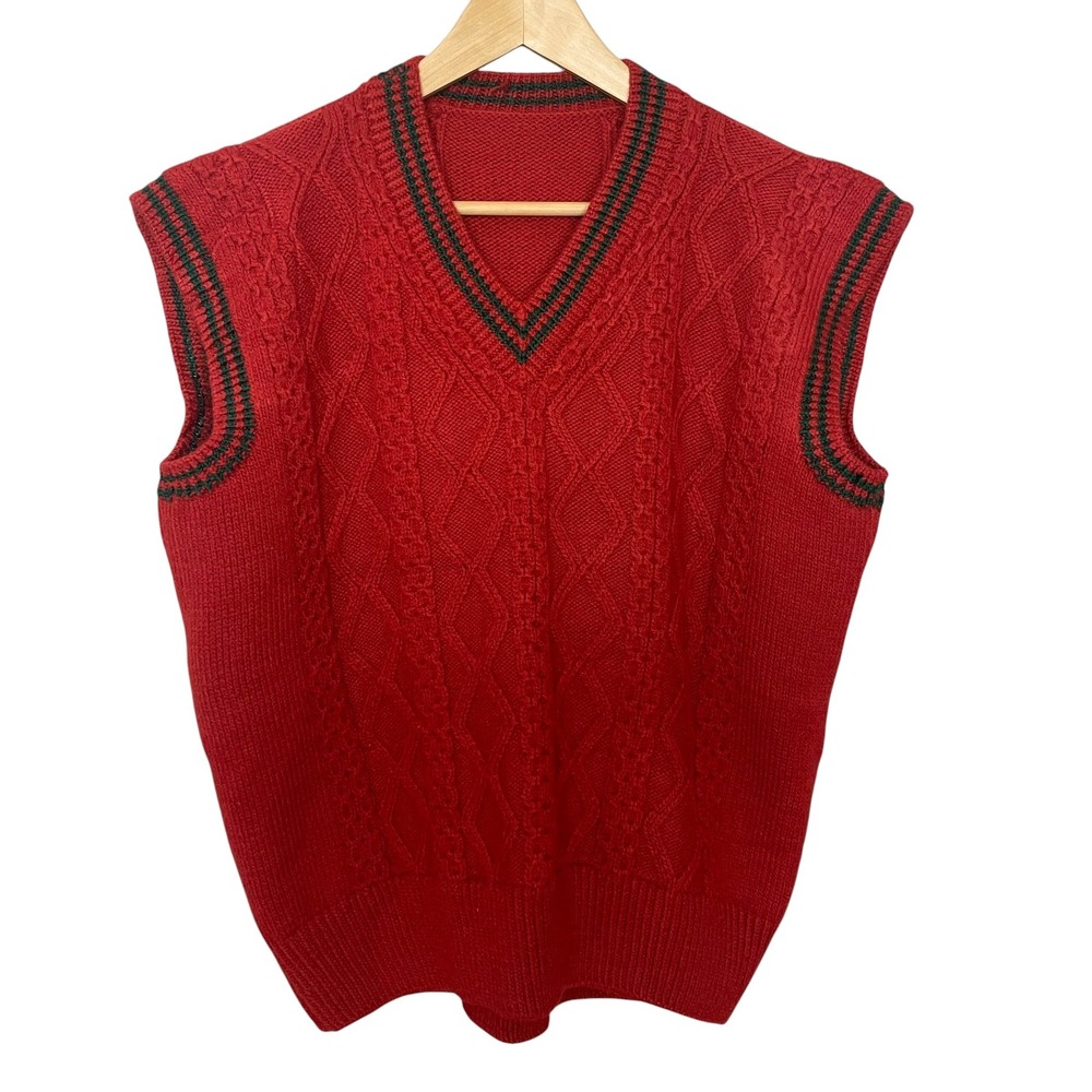 Handmade Sweater Vest Orange Green Trim V-Neck Academia Preppy Retro Cable Knit